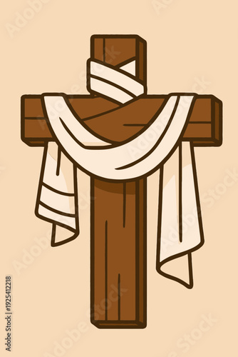 Flat vector illustration of a wooden cross wrapped in white bandage strips