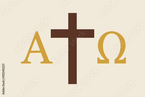 Flat vector minimal composition of alpha and omega letters flanking a central cross