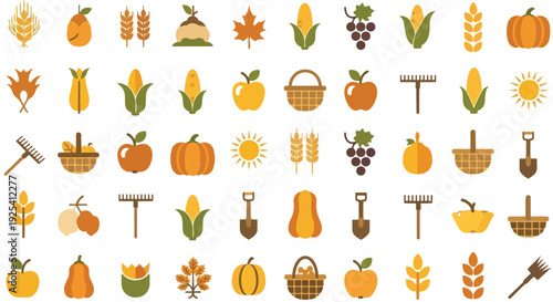 Vibrant collection of autumn harvest and farming icons a rich assortment of seasonal fruits vegetables and essential garden tools presented in a