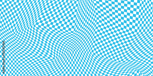 Trippy distorted checkerboard background with blue retro psychedelic geometric pattern.  Wavy groovy chessboard surface. Abstract warped checkered wallpaper design