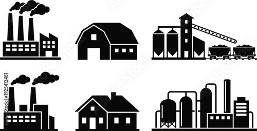 Set of factory, farm and industrial plant silhouettes isolated on white background, representing agriculture, manufacturing, production facilities, rural buildings and heavy industry