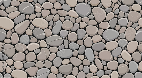 Seamless natural stone pattern featuring a mosaic of smooth, rounded gray and beige pebbles on a dark backdrop, creating an organic textural