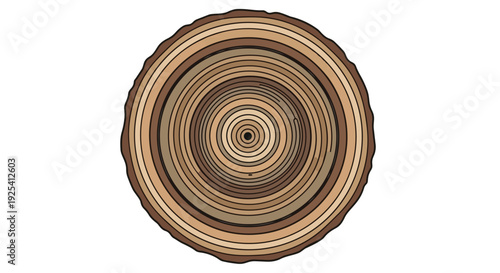 A clear cross-section illustration of a tree trunk, precisely detailing its concentric annual growth rings, showcasing organic passage of time,