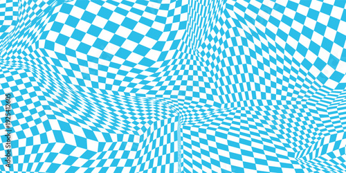 Trippy distorted checkerboard background with blue retro psychedelic geometric pattern. Abstract warped checkered wallpaper design