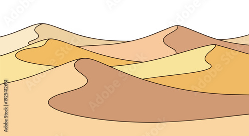 Abstract minimalist desert dunes landscape illustration with warm earth tones and smooth flowing lines, capturing the vastness of arid terrains and
