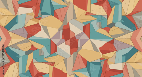 A visually captivating abstract geometric pattern showcasing complex interlocking polygons. Its retro color palette of teal, muted red, and cream