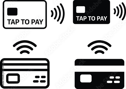 Tap to pay credit card icons with wireless NFC signal for contactless mobile payment and digital transactions