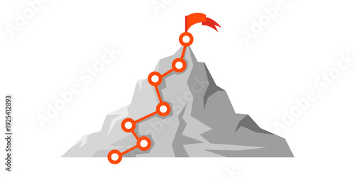 Mountain climbing route with flag business success