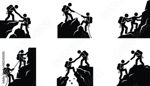 Set of hikers climbing mountain cliffs helping each other isolated on white background, symbolizing teamwork, leadership, support, partnership, trust and outdoor adventure success