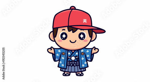 Cartoon illustration of a cheerful child wearing a red baseball cap and blue outfit on a white background.