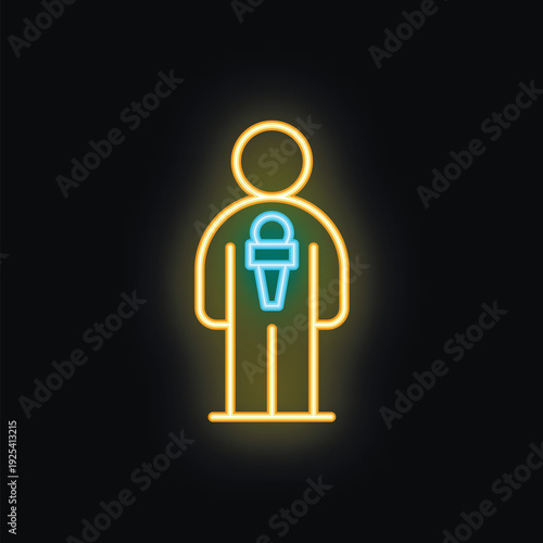 Yellow neon sign of journalist holding microphone on black background