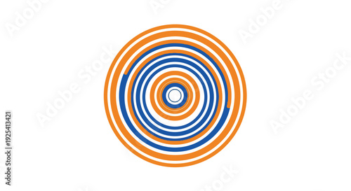 Dynamic swirling concentric circles in vibrant orange and blue, creating an optical illusion on a pristine white background abstract graphic
