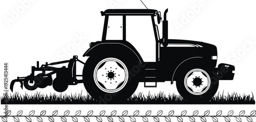 Agricultural tractor silhouette vector, modern farm machinery with plow attachment on grass field isolated for rural industry branding design