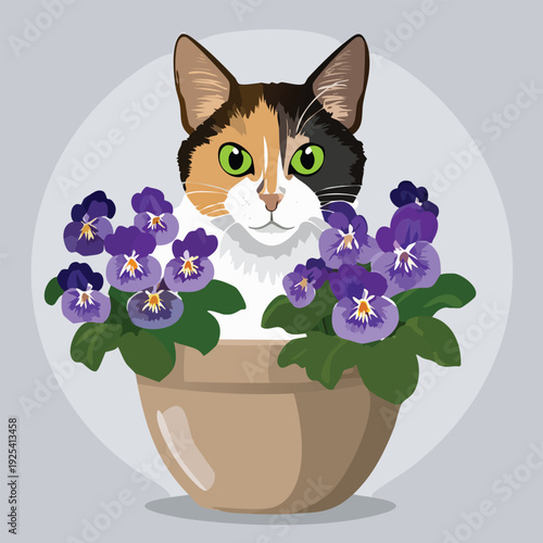 Cat in a flower pot with purple and yellow pansies