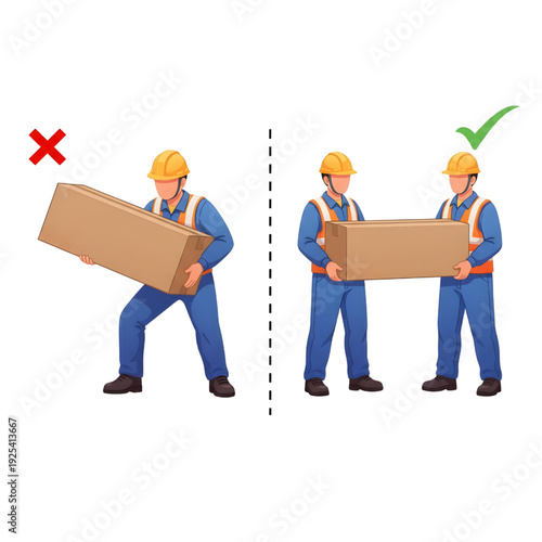 Workplace safety illustration demonstrating proper and improper lifting postures in an industrial factory environment. Visual comparison highlights essential safety measures, correct manual handling t