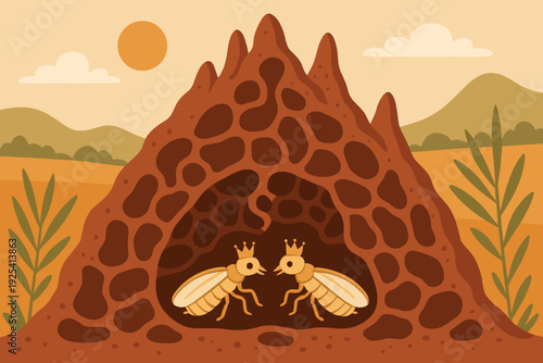 Two cartoon bees with crowns inside a hive in a sunny landscape