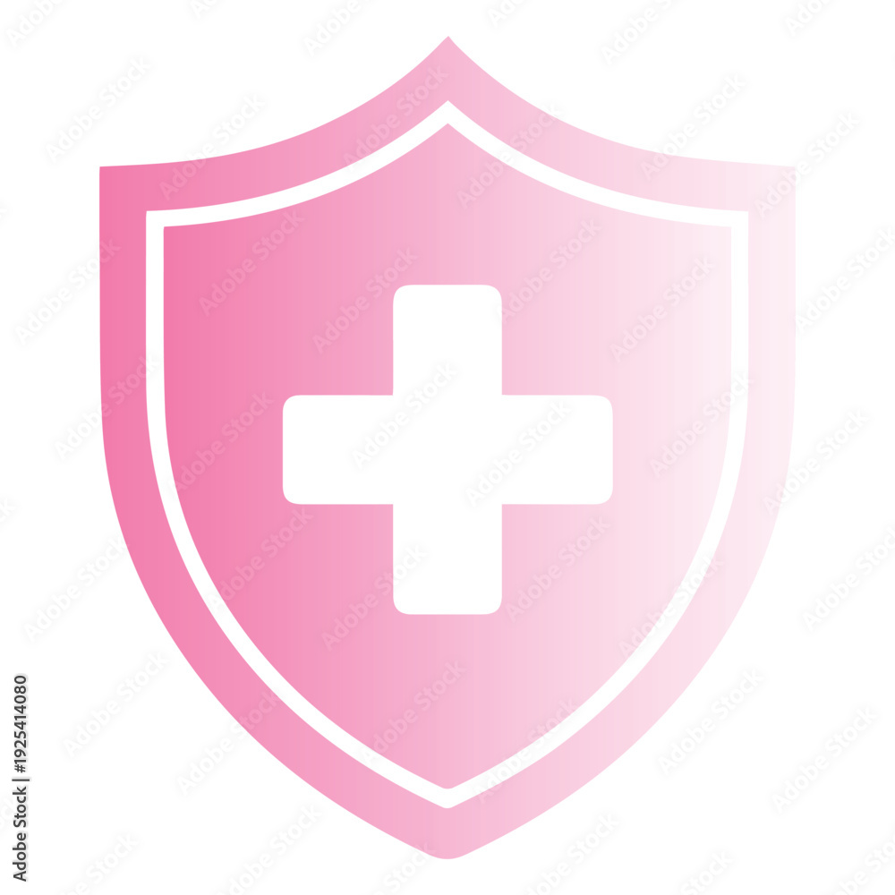 Obraz premium A minimalist vector icon of a pink shield with a white medical cross in the center, representing healthcare protection, medical insurance, and safety