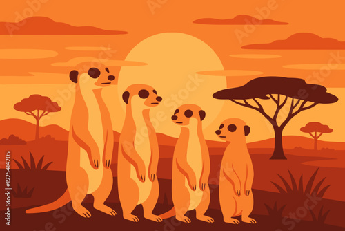 Four meerkats in a playful mood at sunset in a savanna background
