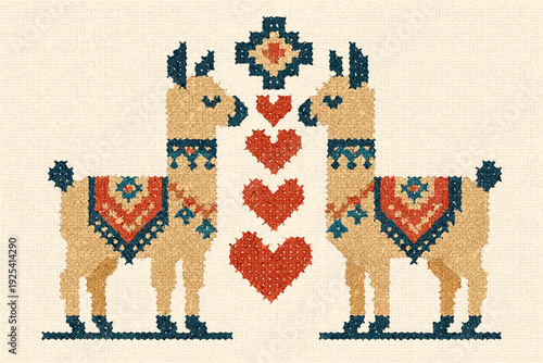 Two decorated llamas with hearts on a light background