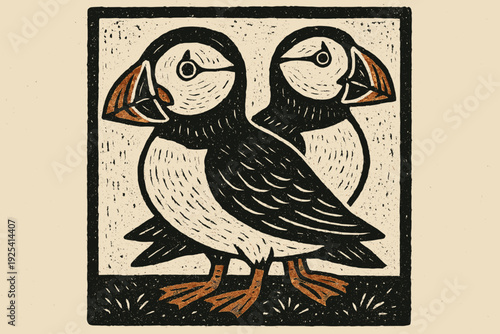 Two puffins in a vintage style illustration on a textured background