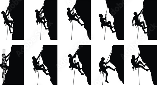 Set of rock climber silhouettes rappelling down vertical cliff isolated on white background, representing extreme sport, adventure, rope access technique and mountaineering skills