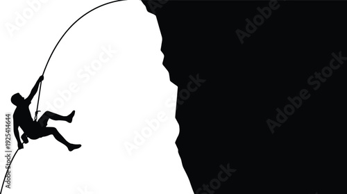 Silhouette of rock climber rappelling down steep cliff with rope isolated on white background, representing adventure, risk, courage, extreme sport and determination
