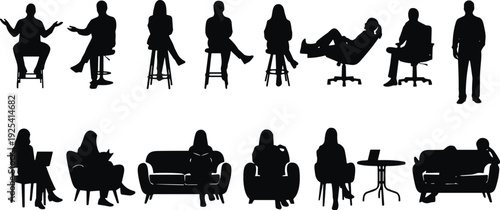 People sitting silhouettes set, men and women in different poses on chairs and sofa isolated on white background illustration