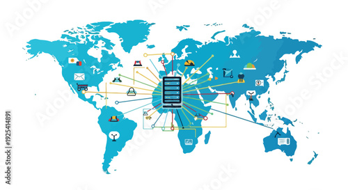 World map illustrating global data network, server infrastructure, and interconnected technology for international communication and cloud computing.