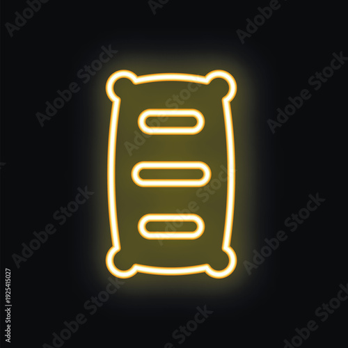 Yellow neon icon of a sleeping bag glowing against a dark backdrop, evoking concepts of camping and outdoor adventures