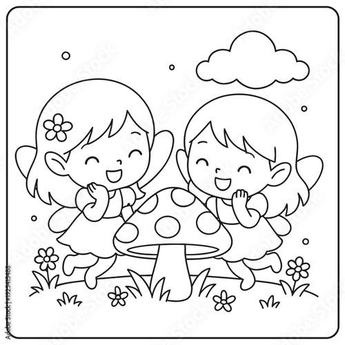 Two happy little fairies joyfully standing next to a spotted mushroom.