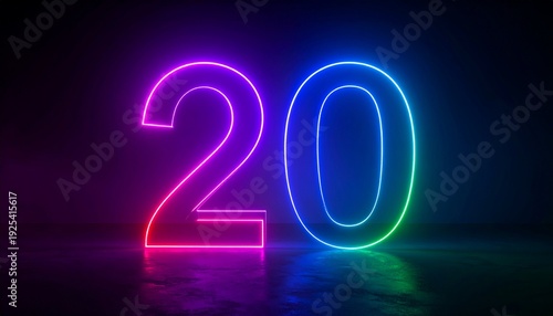 Number 20 with neon outline. Glowing number on dark background