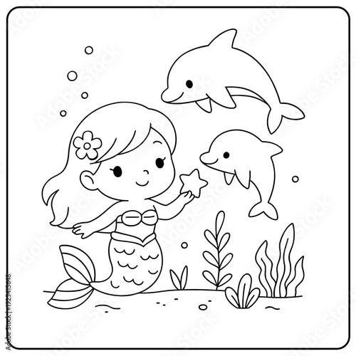 A cheerful mermaid smiles holding a starfish with two playful dolphins.