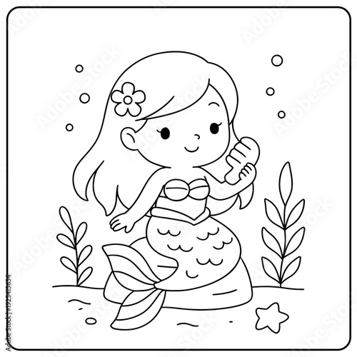 A sweet mermaid holding a conch shell sits peacefully among ocean plants.