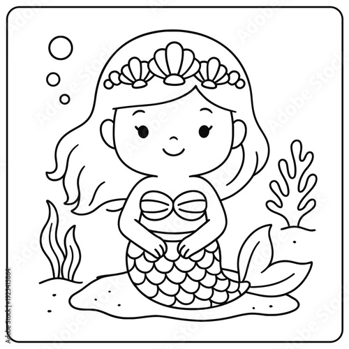 A regal cartoon mermaid with a shell crown sits serenely underwater.