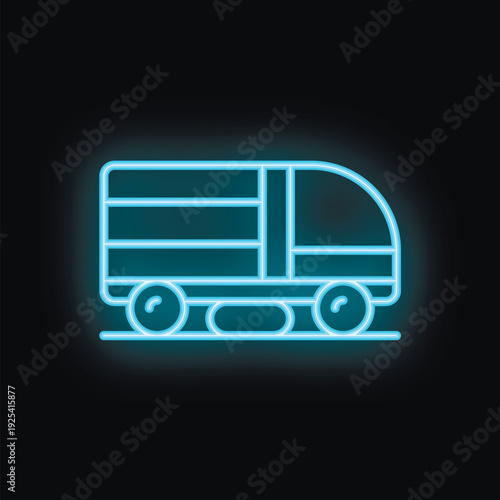 Blue neon sign representing a train running on rails, evoking concepts of travel, transport and modern transportation