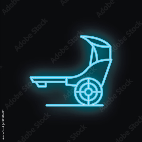 Blue neon icon of a rickshaw glowing on a dark background