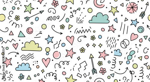 A whimsical seamless pattern featuring an array of charming pastel-colored hand-drawn doodle elements, perfect for delightful backgrounds and