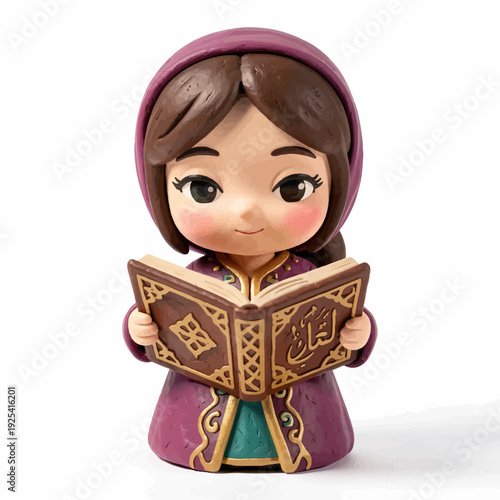 Little girl in hijab reading book with golden details