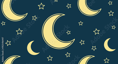 Enchanting celestial illustration with glowing crescent moons and sparkling outline stars scattered across a serene midnight blue sky creating a