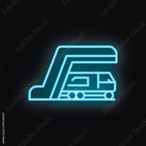 Neon sign of train car boarding with ramp on black background