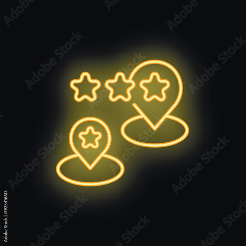 Yellow neon icon of a map location pin with five stars rating on black background