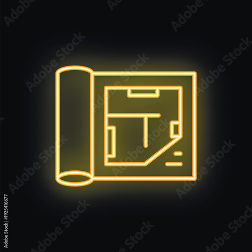 Glowing neon yellow house plan on black background, perfect for real estate, construction, or architecture concepts