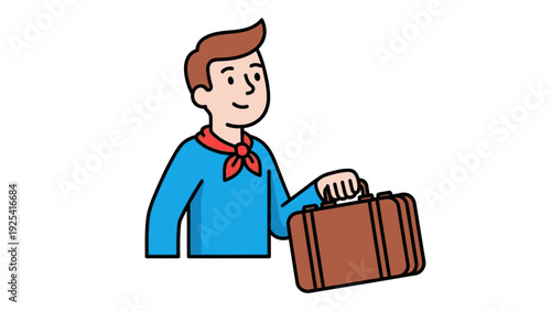 Happy traveler prepares for an exciting adventure with his classic suitcase, ready for a new destination