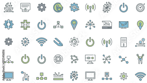 Comprehensive Set of Vector Line Icons for Modern Technology, Networking, and Digital Data Systems