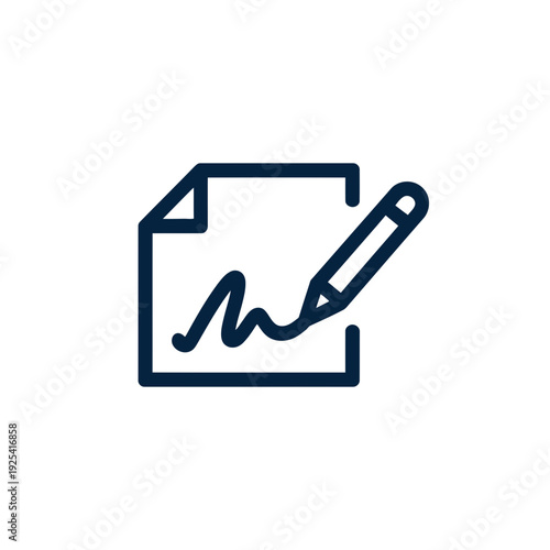 A simple icon of a pen signing a document