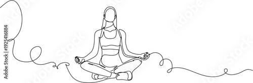 Continuous line drawing of woman sitting in yoga lotus pose for meditation and wellness