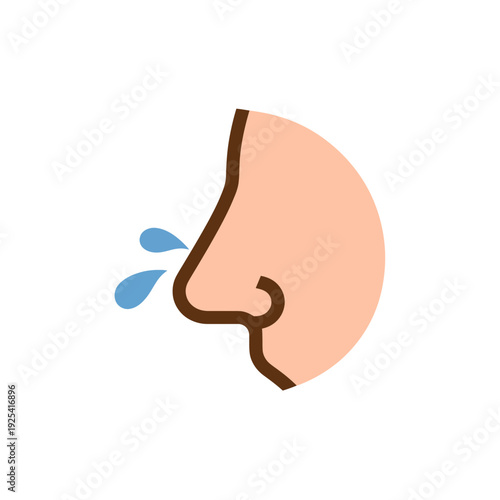 A cartoon illustration of a nose with water droplets coming out