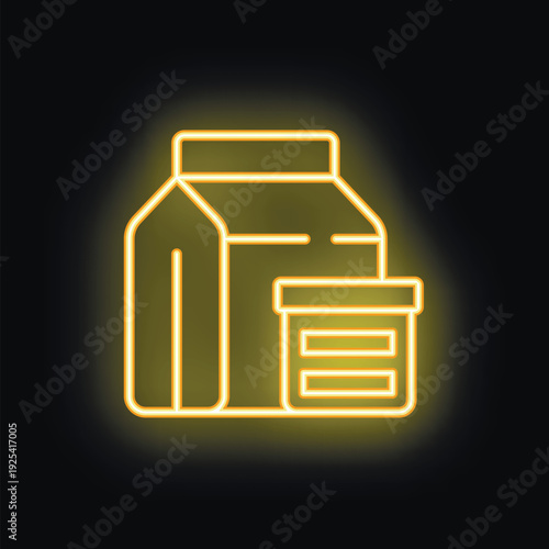 Minimalist neon yellow glowing symbol of milk or juice carton with paper cup