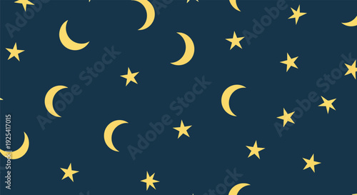 A serene and enchanting celestial pattern featuring an array of glowing yellow crescent moons and radiant stars scattered across a vast, dark indigo