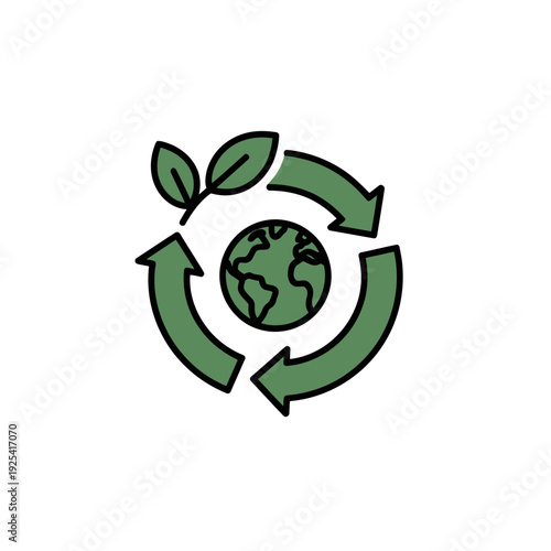 A green globe with arrows and leaves symbolizing eco-friendly practices and sustainability